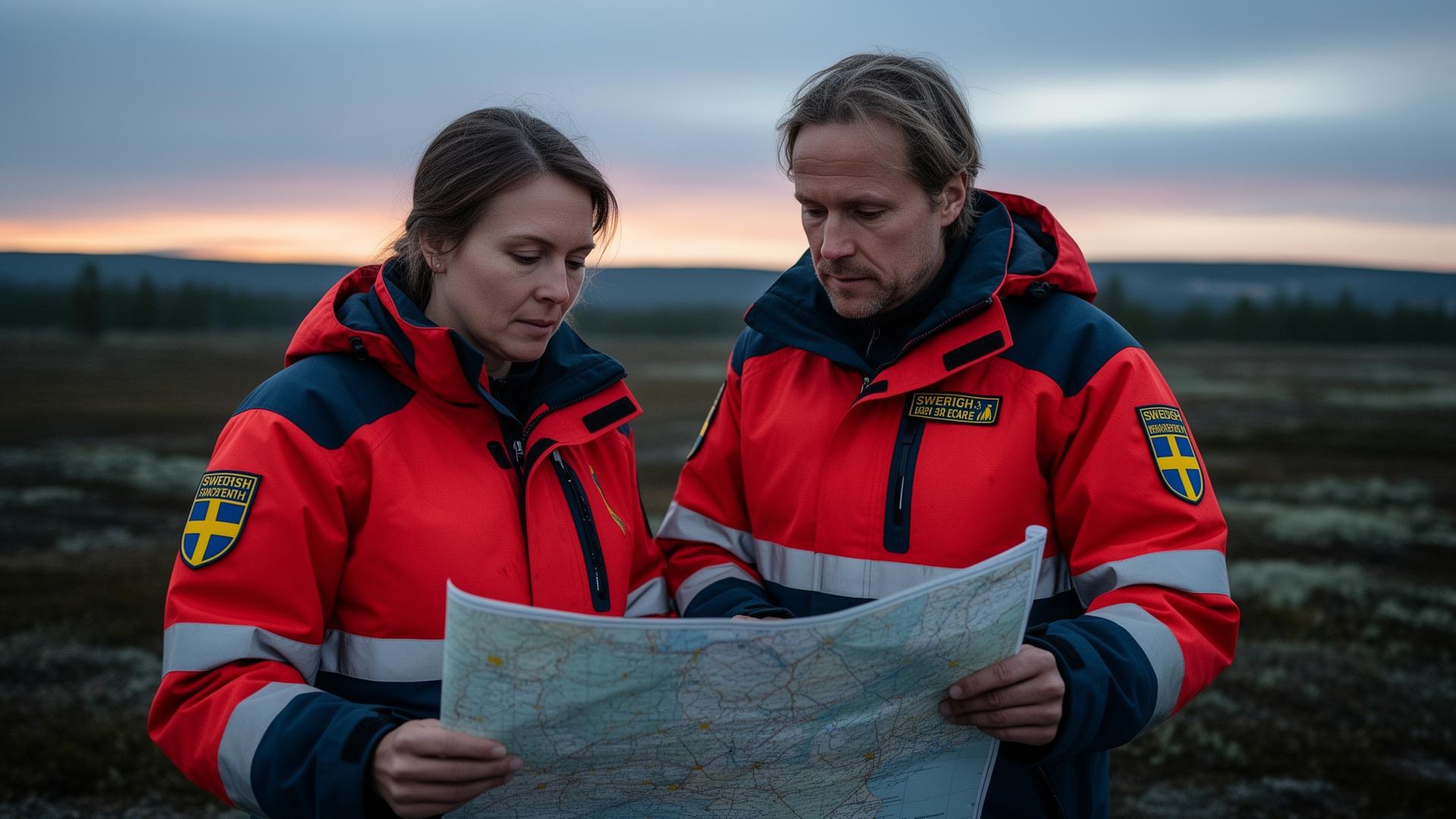 Two people studying a printed map together in the field at dusk